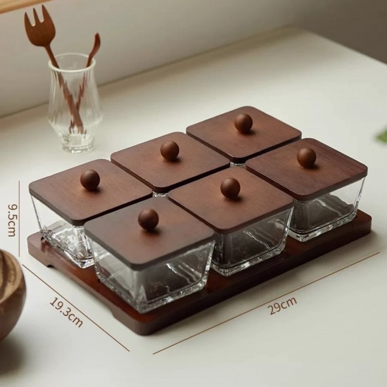 Wooden & Glass Serving Platter with Wooden Stand - 6 Pieces